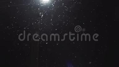 雪在夜里随着街灯落下. 循环式降雪背景视频..